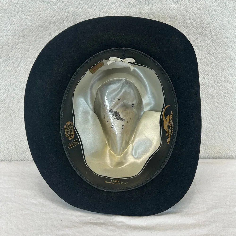 Beaver Hats Major Black 100% Genuine Fur Felt Fedora Hat Sacred Feather 7 1/8